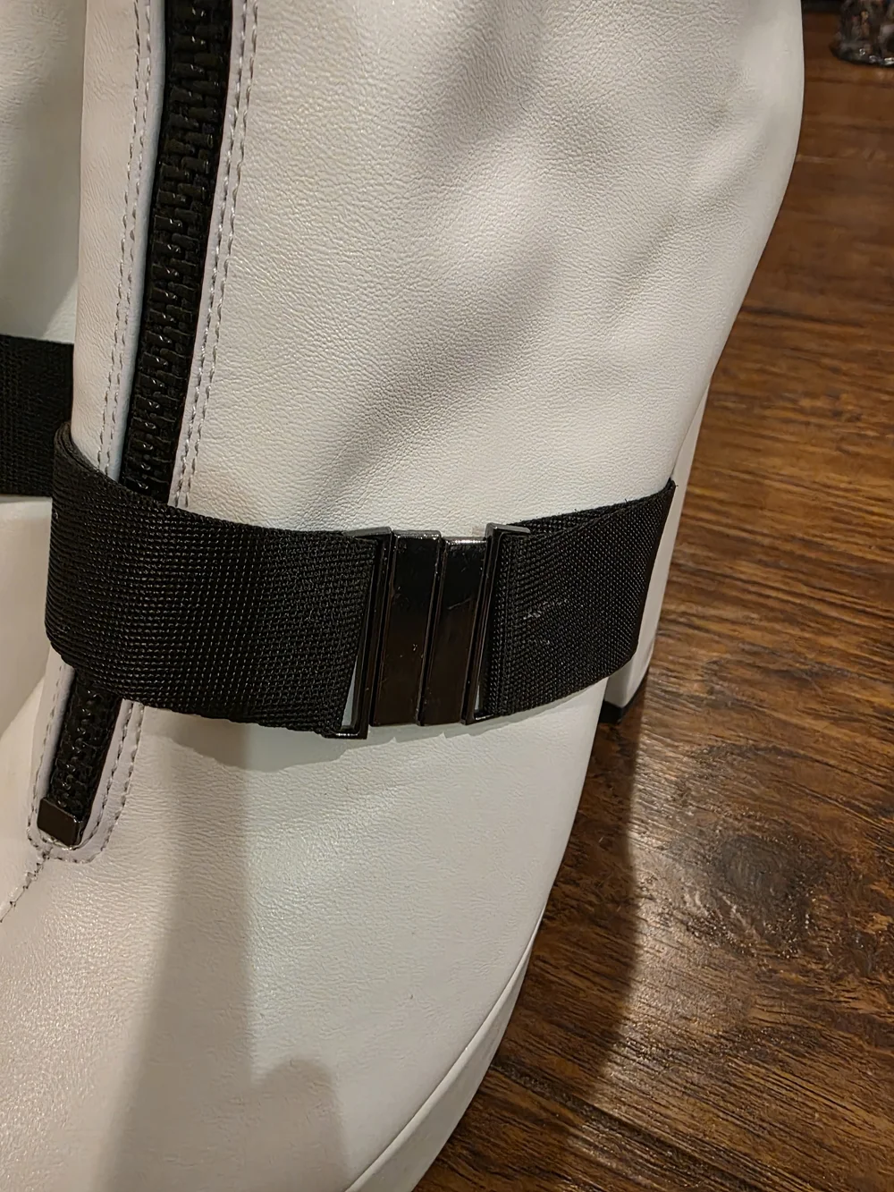 White Platform Ankle Boots with Black Front Zip and Strap